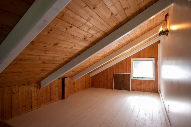 additional living space featuring wood walls, wooden ceiling, and hardwood / wood-style flooring