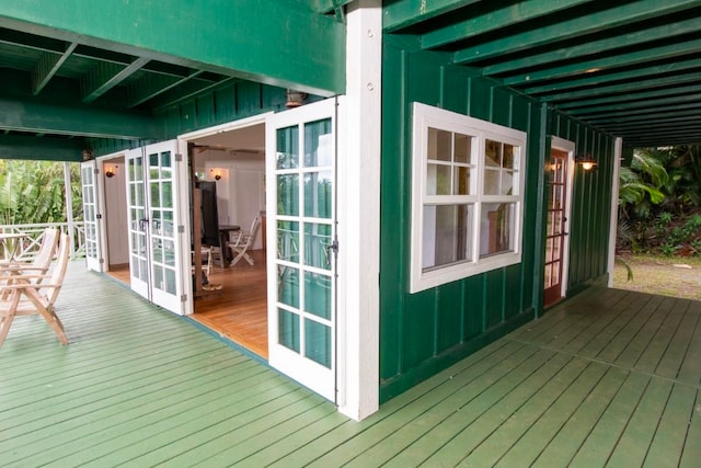 wooden terrace featuring french doors