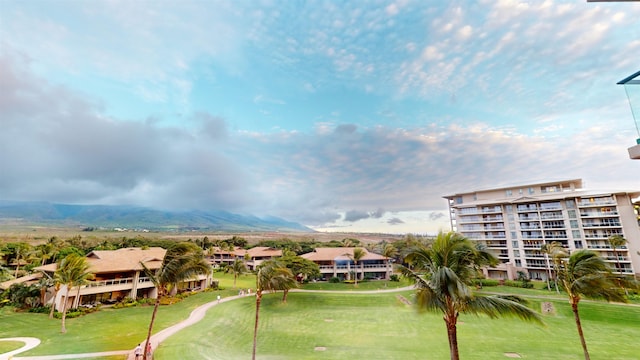 view of community with a mountain view and a lawn