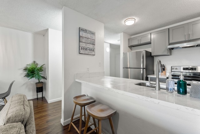 kitchen with gray cabinetry, dark wood-type flooring, a textured ceiling, appliances with stainless steel finishes, and light stone counters