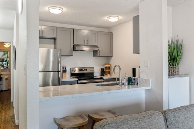 kitchen featuring appliances with stainless steel finishes, a kitchen breakfast bar, a textured ceiling, sink, and wood-type flooring