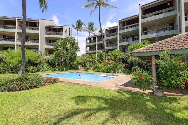 view of pool with a yard