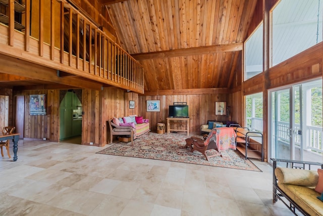 living area featuring wooden ceiling, beam ceiling, wooden walls, and high vaulted ceiling