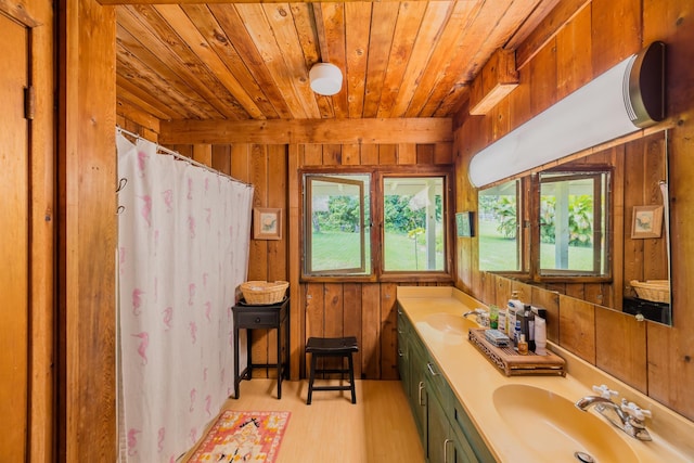 full bathroom featuring a sink, wood walls, wooden ceiling, and wood finished floors