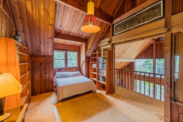 bedroom featuring wood walls, wood ceiling, lofted ceiling with beams, and carpet