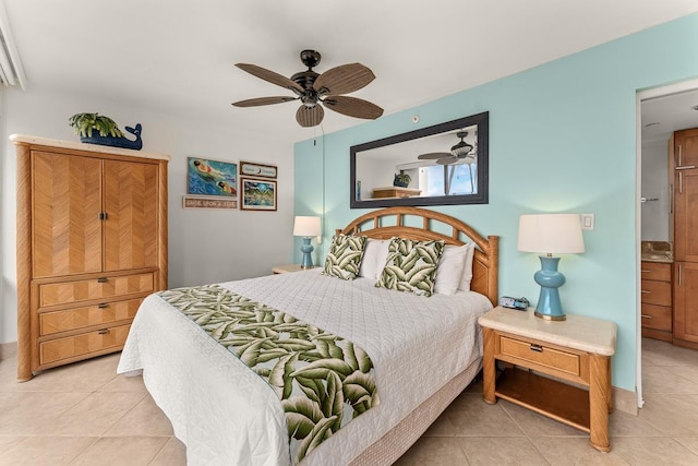 bedroom with a ceiling fan and light tile patterned flooring