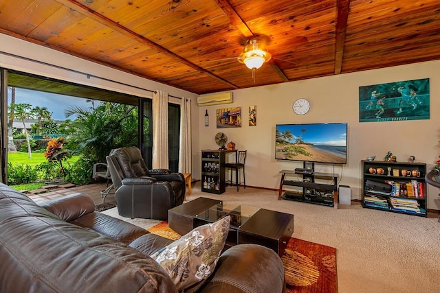 living room with a wall mounted AC, carpet, and wooden ceiling