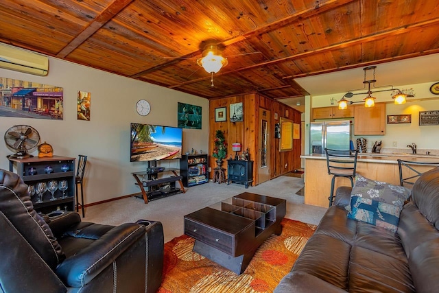 living room featuring light carpet, a wall mounted air conditioner, wooden ceiling, and a wood stove