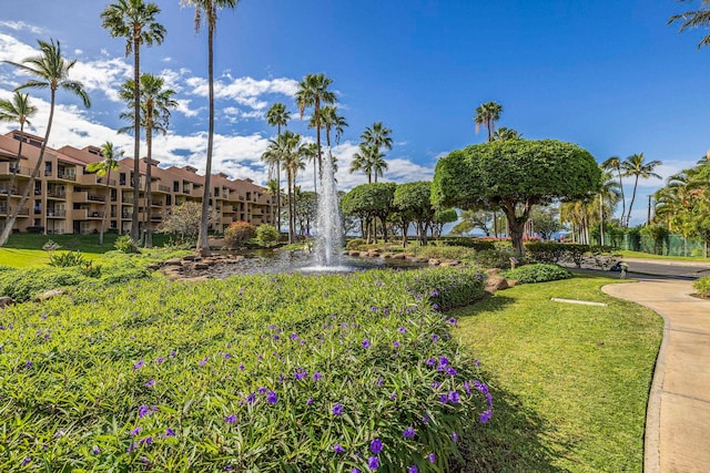 view of property's community with a yard and a water view