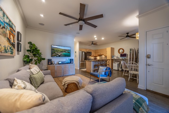 8 Polohina Ln Unit 1-3, Lahaina, HI 96761 - living room featuring ceiling fan, crown molding, recessed lighting, dark wood-style flooring, and baseboards