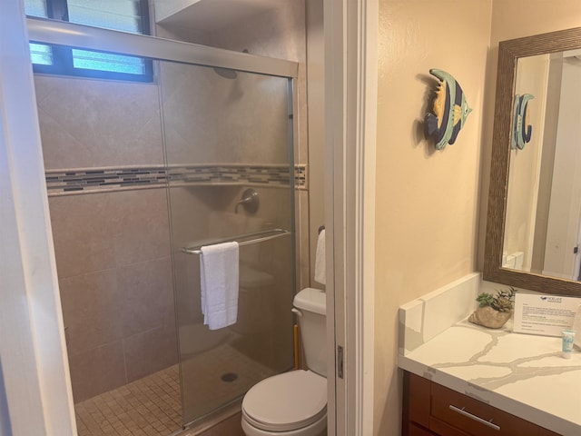 full bath with toilet, vanity, and a shower stall