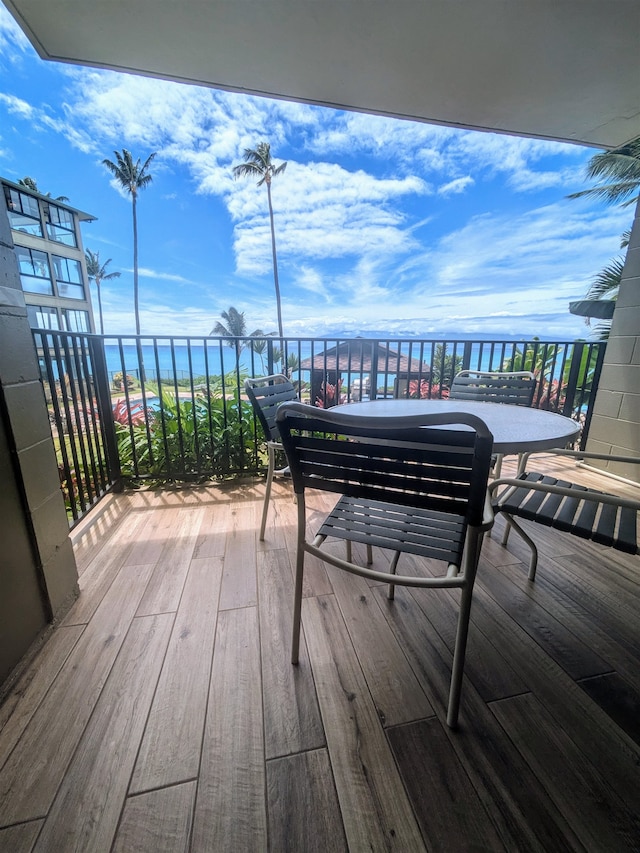 deck featuring a water view