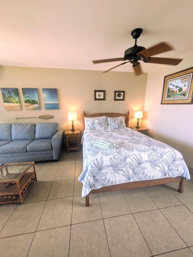 bedroom featuring ceiling fan and light tile patterned floors