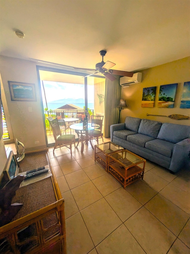 tiled living room with a wealth of natural light, ceiling fan, and a wall mounted air conditioner