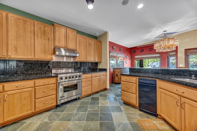 kitchen with backsplash, designer stove, plenty of natural light, and under cabinet range hood