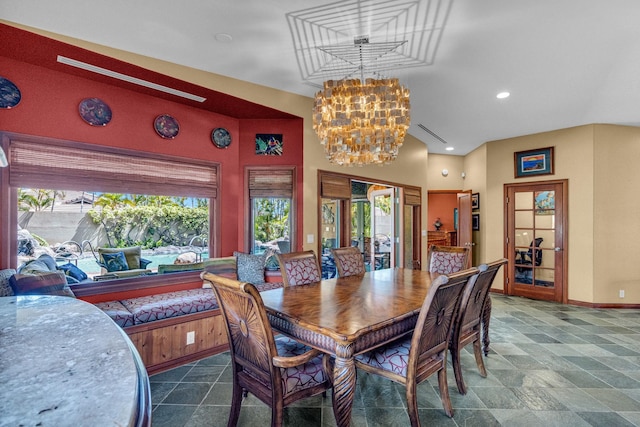 dining space with a notable chandelier, baseboards, a healthy amount of sunlight, and recessed lighting