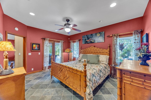 bedroom featuring ceiling fan, access to outside, multiple windows, and recessed lighting