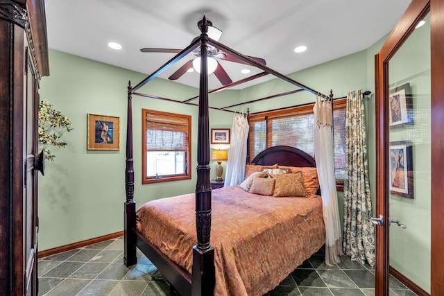bedroom with a ceiling fan, baseboards, and recessed lighting