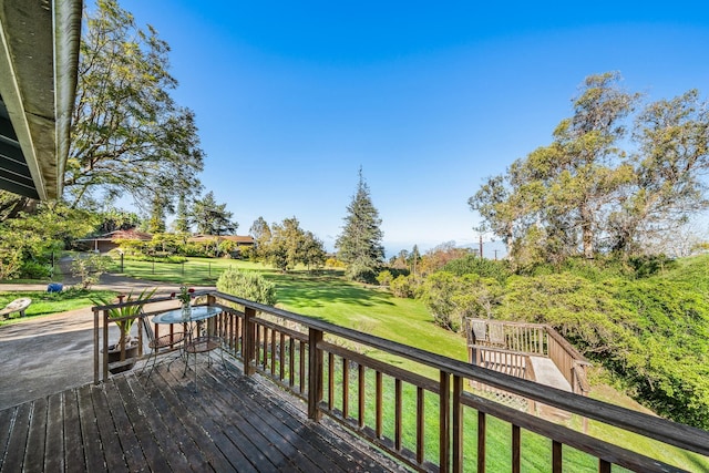 wooden terrace featuring a yard