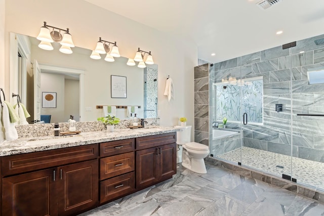 full bathroom featuring toilet, vanity, and plus walk in shower