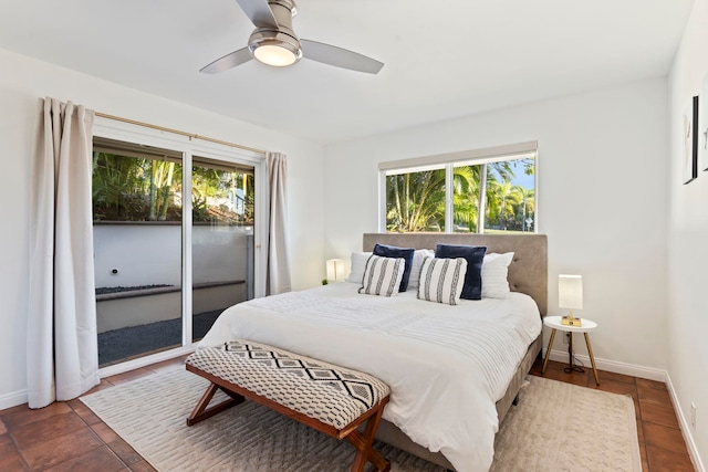 bedroom featuring ceiling fan and access to outside