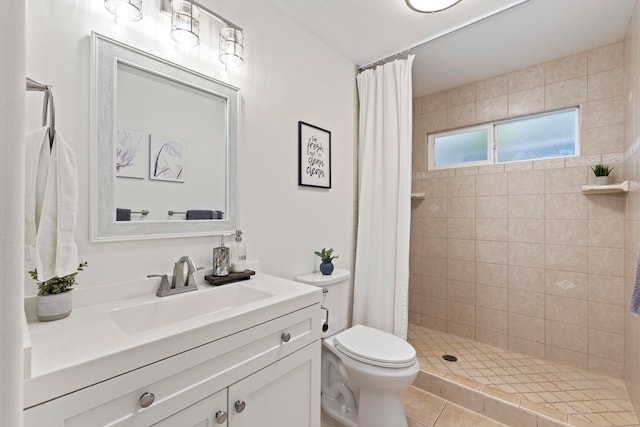 bathroom featuring tile patterned flooring, toilet, walk in shower, and vanity