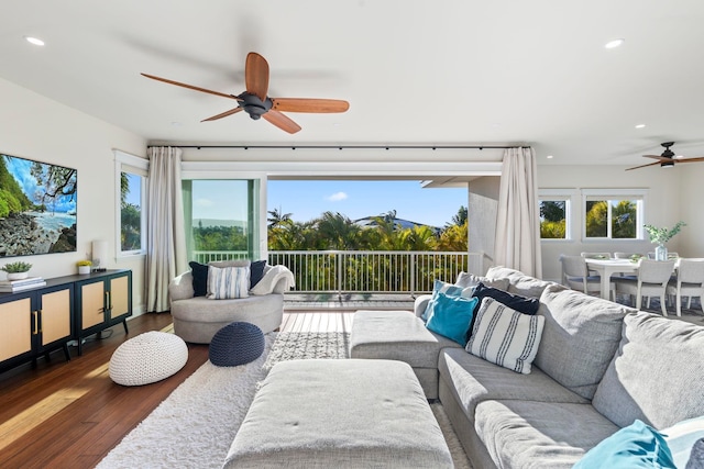 living room featuring ceiling fan, plenty of natural light, and dark hardwood / wood-style flooring