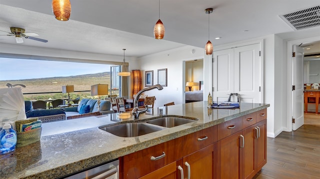 kitchen featuring decorative light fixtures, dark wood-type flooring, sink, and light stone counters