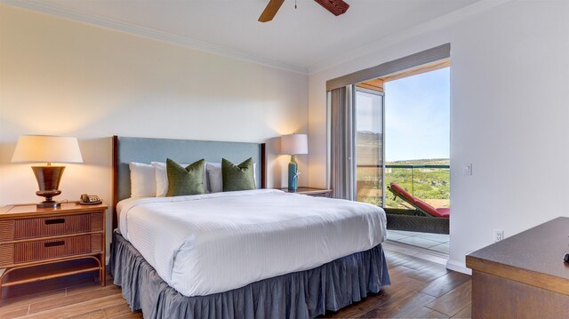 130 Kai Malina Pkwy Unit Nr1026, Lahaina, HI 96761 - bedroom with access to exterior, ornamental molding, wood finished floors, and ceiling fan