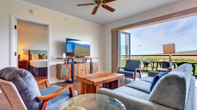 130 Kai Malina Pkwy Unit Nr1026, Lahaina, HI 96761 - living area with ceiling fan, crown molding, and wood finished floors