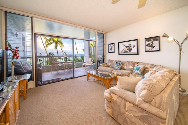 carpeted living room with ceiling fan and a textured ceiling