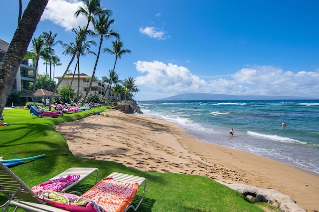 view of water feature with a beach view