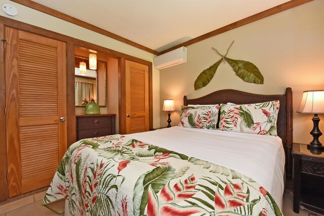 tiled bedroom with a wall mounted AC, ornamental molding, and a closet