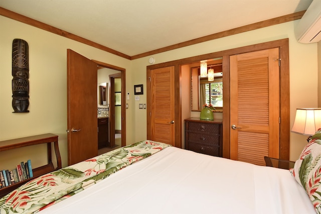 bedroom featuring a wall mounted air conditioner and crown molding