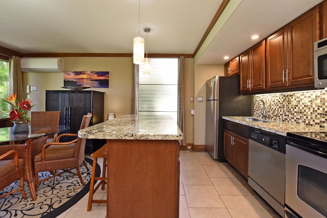 kitchen featuring light tile floors, decorative light fixtures, stainless steel dishwasher, and tasteful backsplash