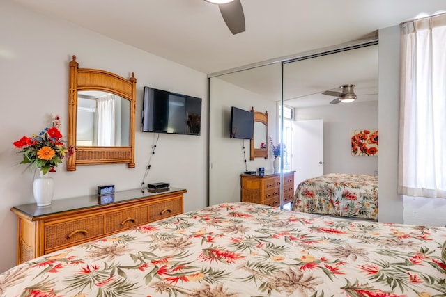 bedroom with ceiling fan, a closet, and multiple windows