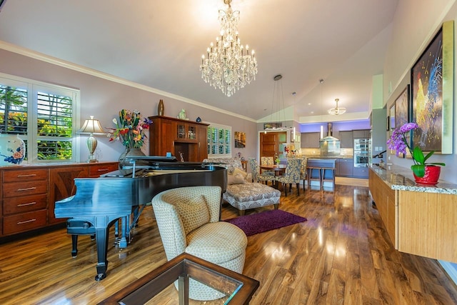 living room with crown molding, dark hardwood / wood-style flooring, high vaulted ceiling, and an inviting chandelier