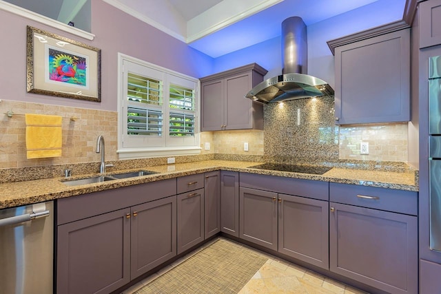 kitchen featuring light stone countertops, dishwasher, sink, wall chimney exhaust hood, and black electric stovetop