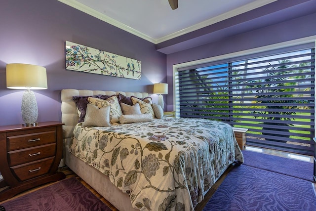 bedroom with ceiling fan, crown molding, and dark hardwood / wood-style floors