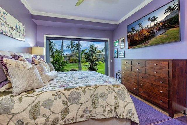 bedroom with ornamental molding, access to outside, and ceiling fan