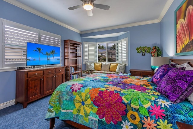 carpeted bedroom featuring ceiling fan and ornamental molding