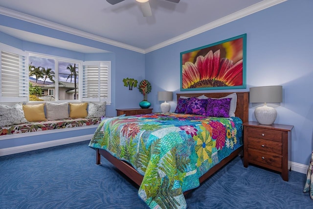 carpeted bedroom featuring ceiling fan and crown molding