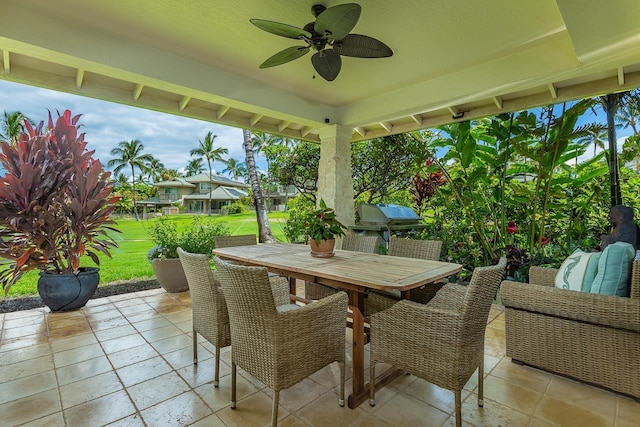 view of patio / terrace featuring a grill, ceiling fan, and an outdoor hangout area