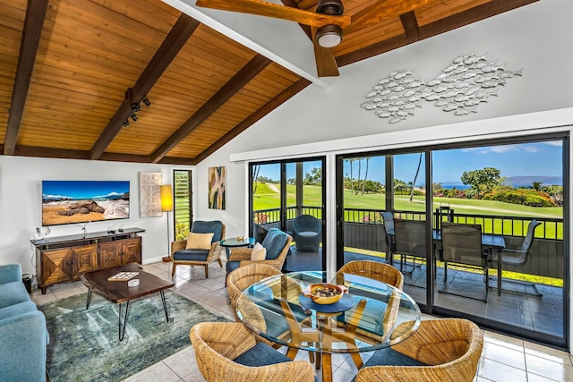 tiled living room featuring rail lighting, wood ceiling, ceiling fan, beam ceiling, and high vaulted ceiling