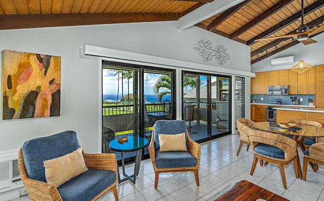 interior space featuring beam ceiling, wooden ceiling, high vaulted ceiling, an AC wall unit, and light tile patterned floors