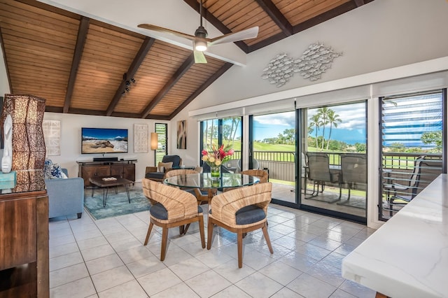 dining area featuring beamed ceiling, high vaulted ceiling, ceiling fan, and wooden ceiling