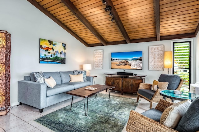 living room with light tile patterned floors, rail lighting, high vaulted ceiling, and wood ceiling