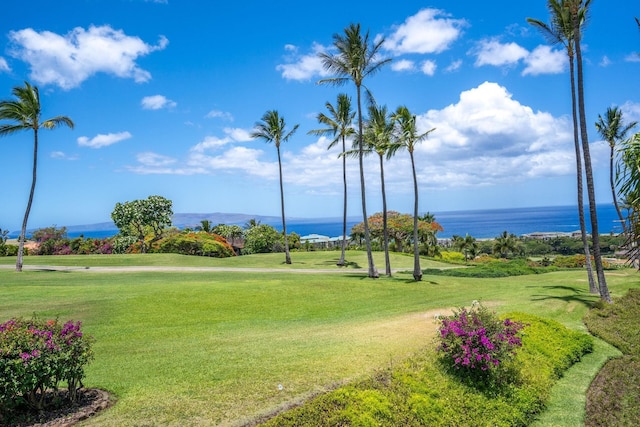 view of property's community featuring a yard and a water view