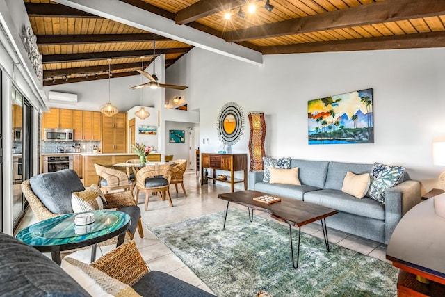 living room with a wall unit AC, light tile patterned flooring, wooden ceiling, and high vaulted ceiling