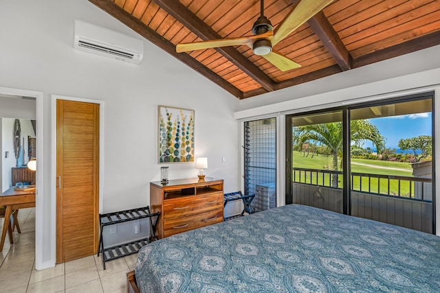 tiled bedroom featuring wood ceiling, access to outside, a wall mounted AC, ceiling fan, and beamed ceiling